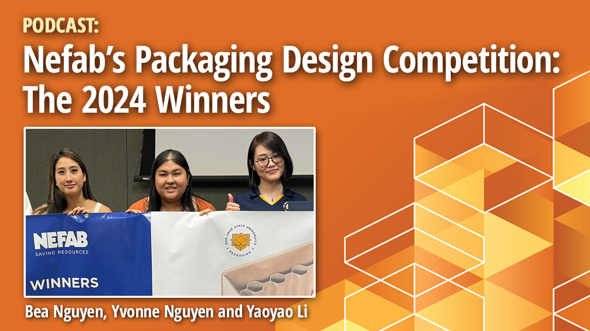 Nefab's Packaging Design Competition winners inset image with tech cubes shapes pattern design background.