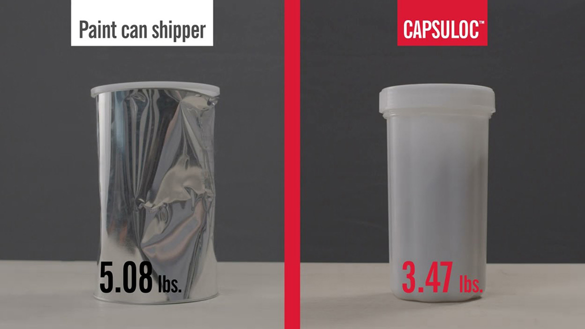 DGeo’s Capsuloc reusable, plastic shipping container (right) vs traditional metal 'paint can' (left)